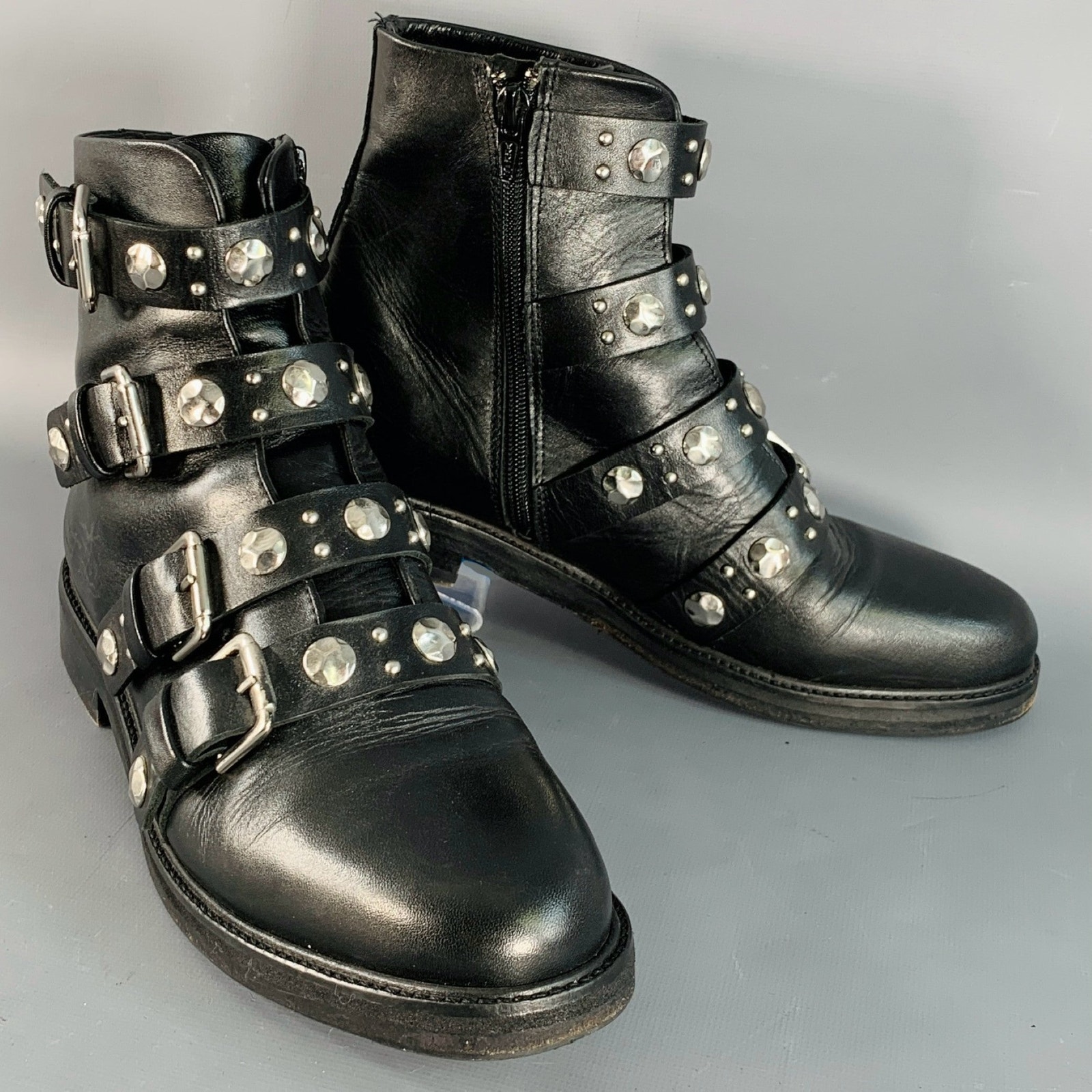 Maje Size 9 Black Leather Studded Belted Side Zipper Military Ankle Boots
